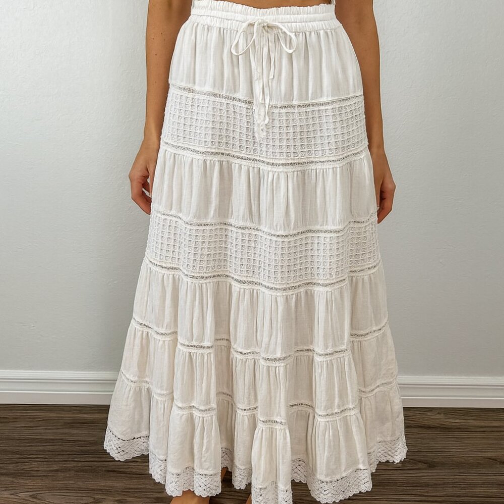 Boho Tiered White Crochet Maxi Skirt